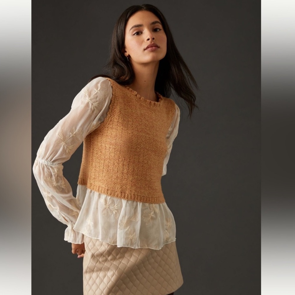 Anthropologie Layered Sweater Vest Knit Twofer Sheer Embroidered Peasant Sleeves